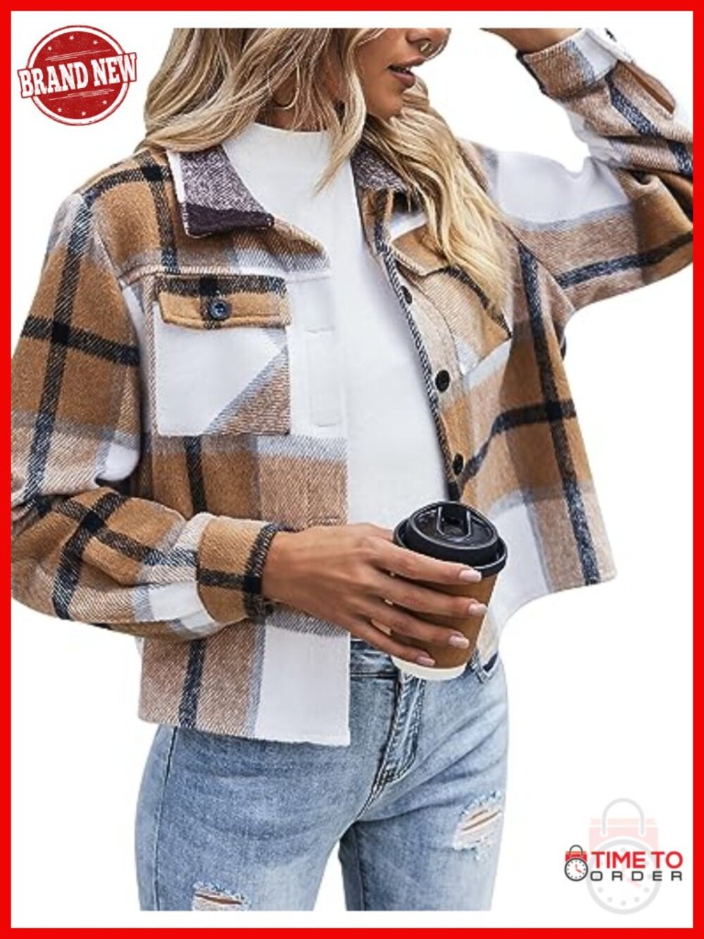 Cropped Flannel Shacket Jacket Casual Button Down Plaid Coat